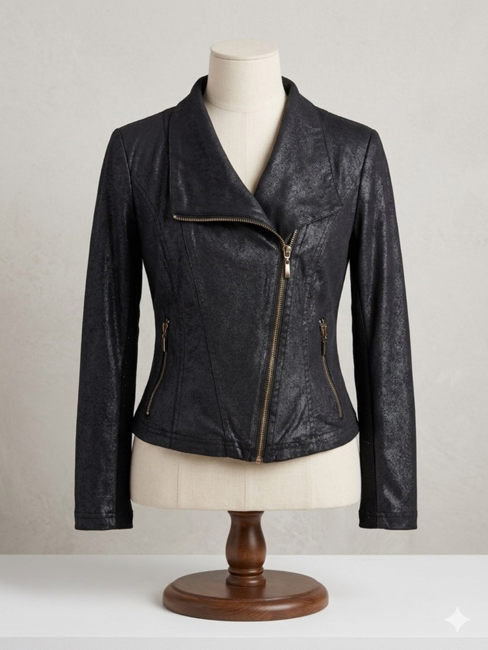 Jennifer Lopez Black Asymmetrical Leather Jacket with Gold Zippers